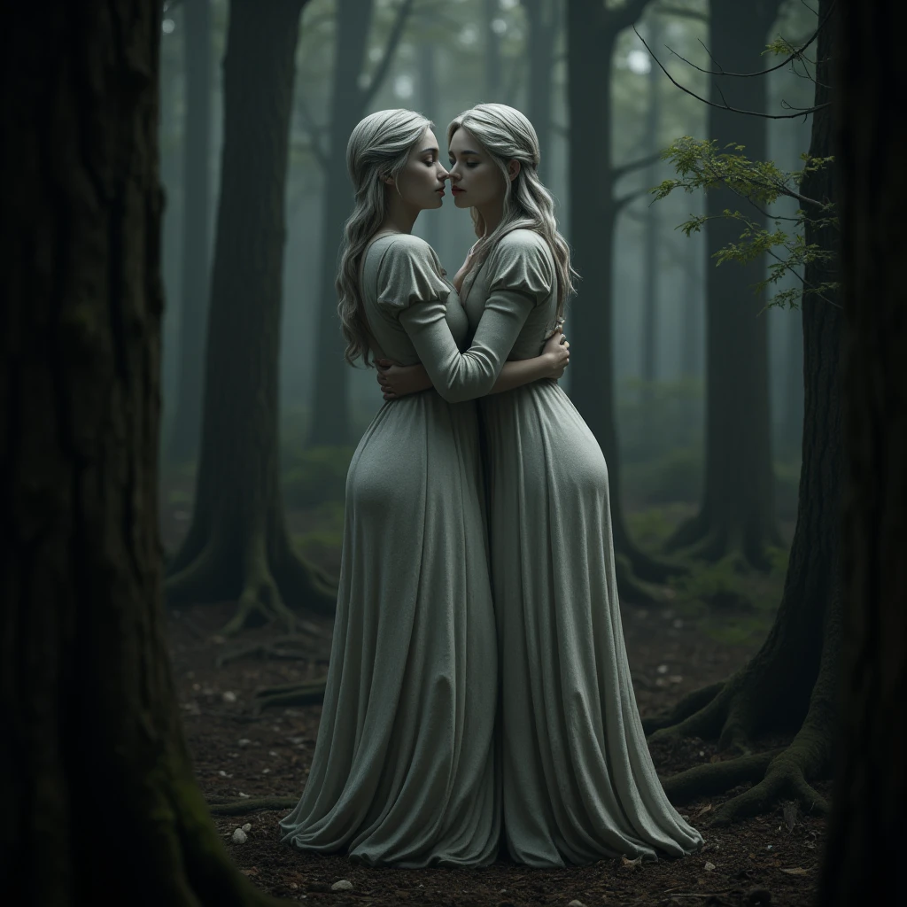  Cursed statue in the deep forest 、Dark grey stone statue designed with several young women wearing clothes hugging each other、 beautiful face and eyes in every detail 、emotional smile 、 Dark Fantasy 、Structure of the film、 best quality 、4K、8k、 High Resolution 、masterpiece、Ultra-detailed、 real 、 photorealistic、 Photo - Realistic 、 concept art