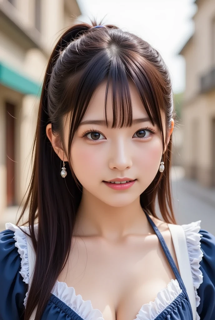 ( cute young Japanese woman , 18 years old, Shiny Brown Ponytail, open your mouth, laughs:1.1),(As european  Rococo cultural festival unfolded, Beautiful Scenery of the Ancient City ,  Cobblestone Streets and Ancient Architecture ,  As if it had transcended time and space :1.2) ,( detailed background, wide shot , full body back view, Lying on the Stairs ,leg high,  dynamic pose ),( Detailed Pretty Face , cute eyes with attention to detail, cute lips with attention to detail, Extremely Erotic Maid Clothes , Rococo, Victoria's Secret ),Enhanced Everything,Snow結晶,Snow