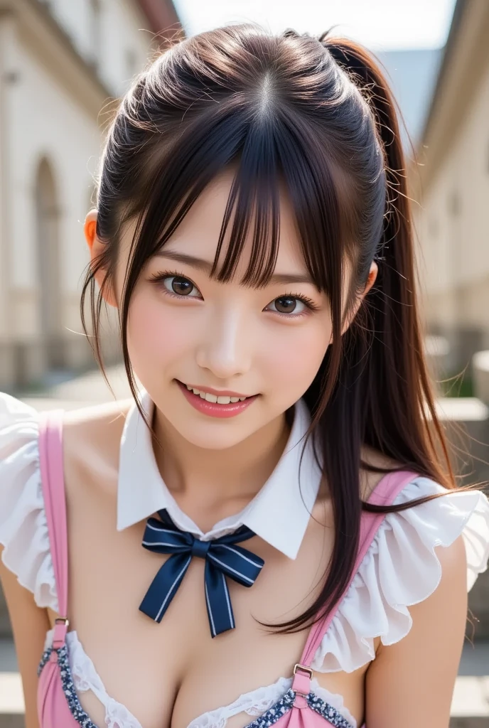 ( cute young Japanese woman , 18 years old, Shiny Brown Ponytail, open your mouth, laughs:1.1),(As european  Rococo cultural festival unfolded, Beautiful Scenery of the Ancient City ,  Cobblestone Streets and Ancient Architecture ,  As if it had transcended time and space :1.2) ,( detailed background, wide shot , full body back view, Lying on the Stairs ,leg high,  dynamic pose ),( Detailed Pretty Face , cute eyes with attention to detail, cute lips with attention to detail, Extremely Erotic Maid Clothes , Rococo, Victoria's Secret ),Enhanced Everything,Snow結晶,Snow