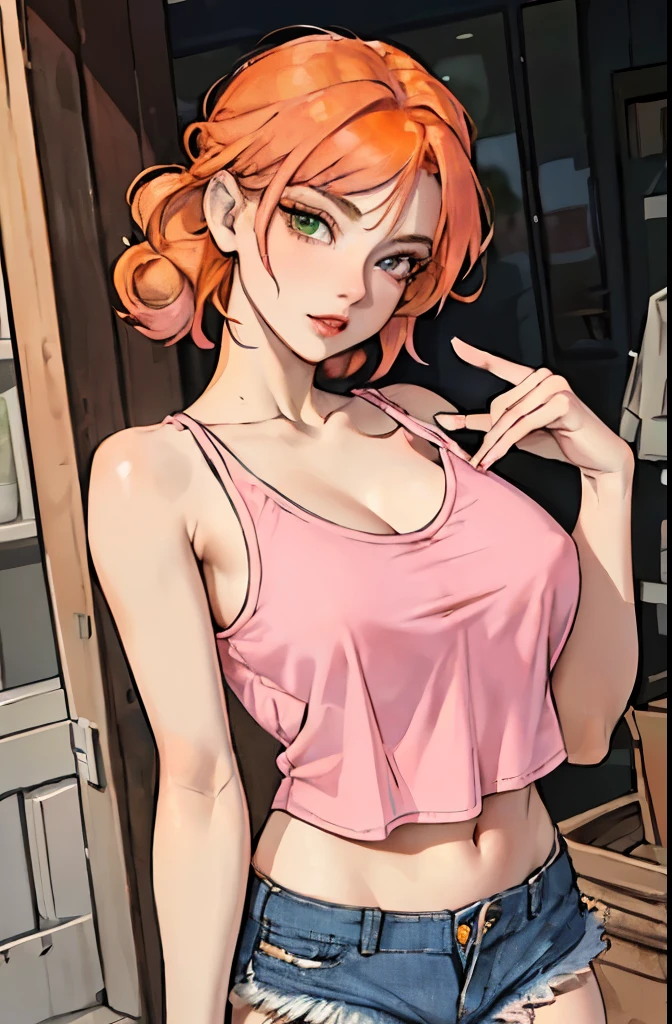 ((orange hair)), green eyes, long half-up hair, bust, ((full lips)), ((masterpiece)), ((detailed)), ((pink camisole)), ((open jean shorts)), ((best quality)), ((outside shopping)), big breasts, ((bright)), (pretty eyes), looking at viewer