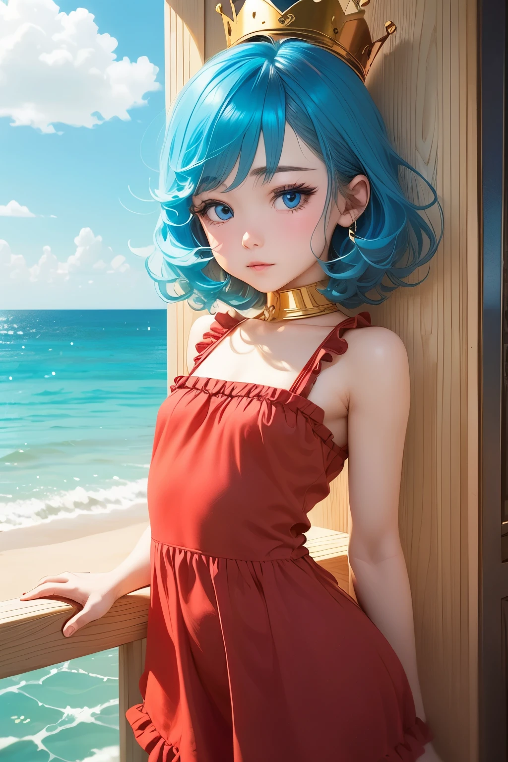Femboy, otoko no ko, blue aqua hair, short hair, blue eyes,flat chest, sexy body, cute face, so shy face, blush on face, photo shoot, hot fose, sexy fose, cute fose, frilled dress, medium dress, red dress, little golden crown queen, sea background flower frame