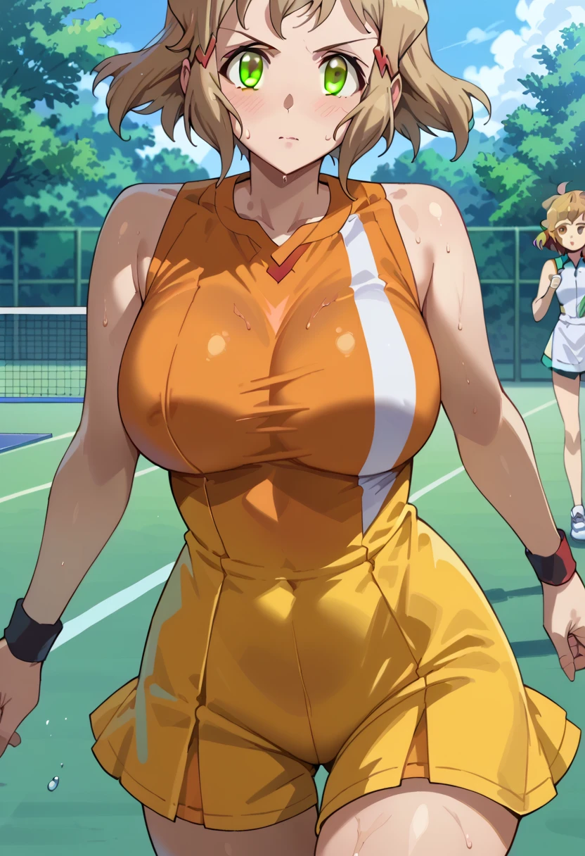 score_9, score_8_   up, score_7_   up, score_6_   up,    source_Anime, rating_      explicit,    one girl outside running  , (Alone:1.2),  (    Symphogear  )
  short hair,   one girl outside running ,  brown hair,  hair clip, Brown eyes Big breasts,  light  brown hair, blunt bangs , Brown Eyes,  ((Slim figure:1.3))， Big Breasted ， There is only one woman in a tennis uniform in the picture，close-up，  put your hands behind your head，side，sweat，Steamy