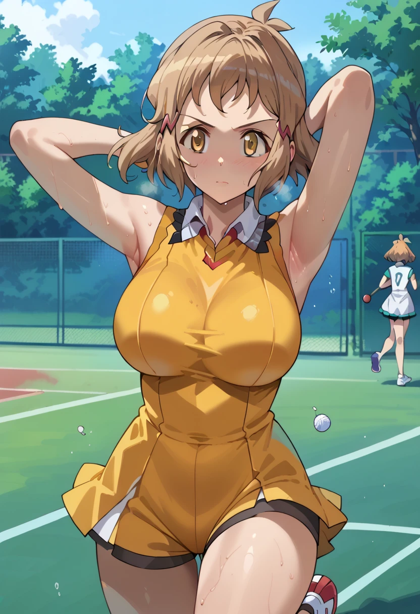 score_9, score_8_   up, score_7_   up, score_6_   up,    source_Anime, rating_      explicit,    one girl outside running  , (Alone:1.2),  (    Symphogear  )
  short hair,   one girl outside running ,  brown hair,  hair clip, Brown eyes Big breasts,  light  brown hair, blunt bangs , Brown Eyes,  ((Slim figure:1.3))， Big Breasted ， There is only one woman in a tennis uniform in the picture，close-up，  put your hands behind your head，side，sweat，Steamy