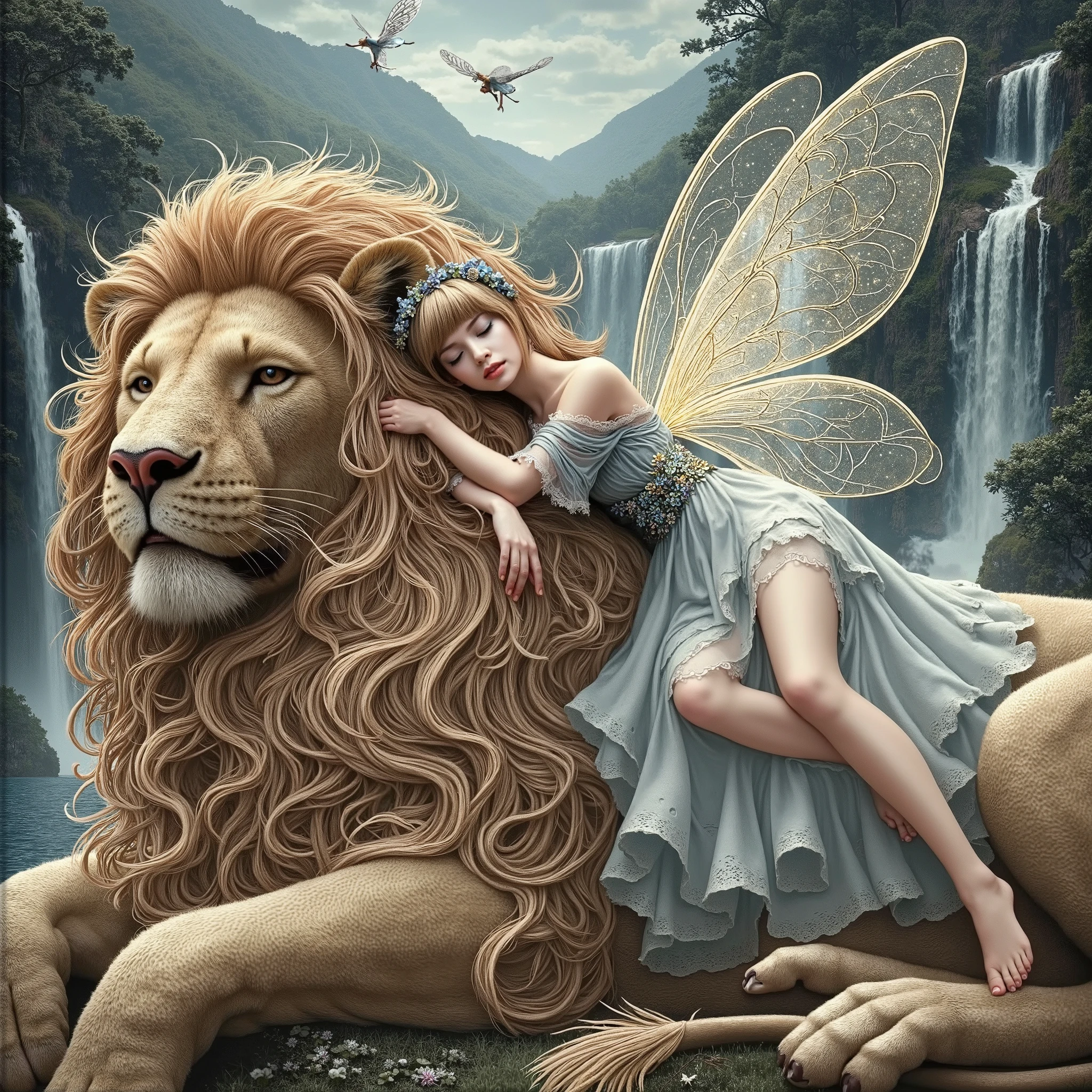 A tiny fairy resting leisurely on the mane of a male lion