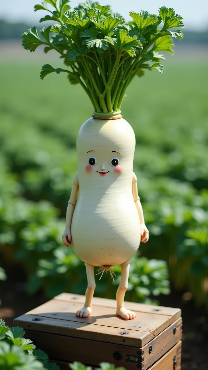 photo of Daikon , focus on the eyes, detailed eyes, detailed hair, slight smile, 

Beautiful knees, 

Radish fields as far as the eye can see, standing on a wooden box placed in a radish field, 
wide angle view:1.3, 