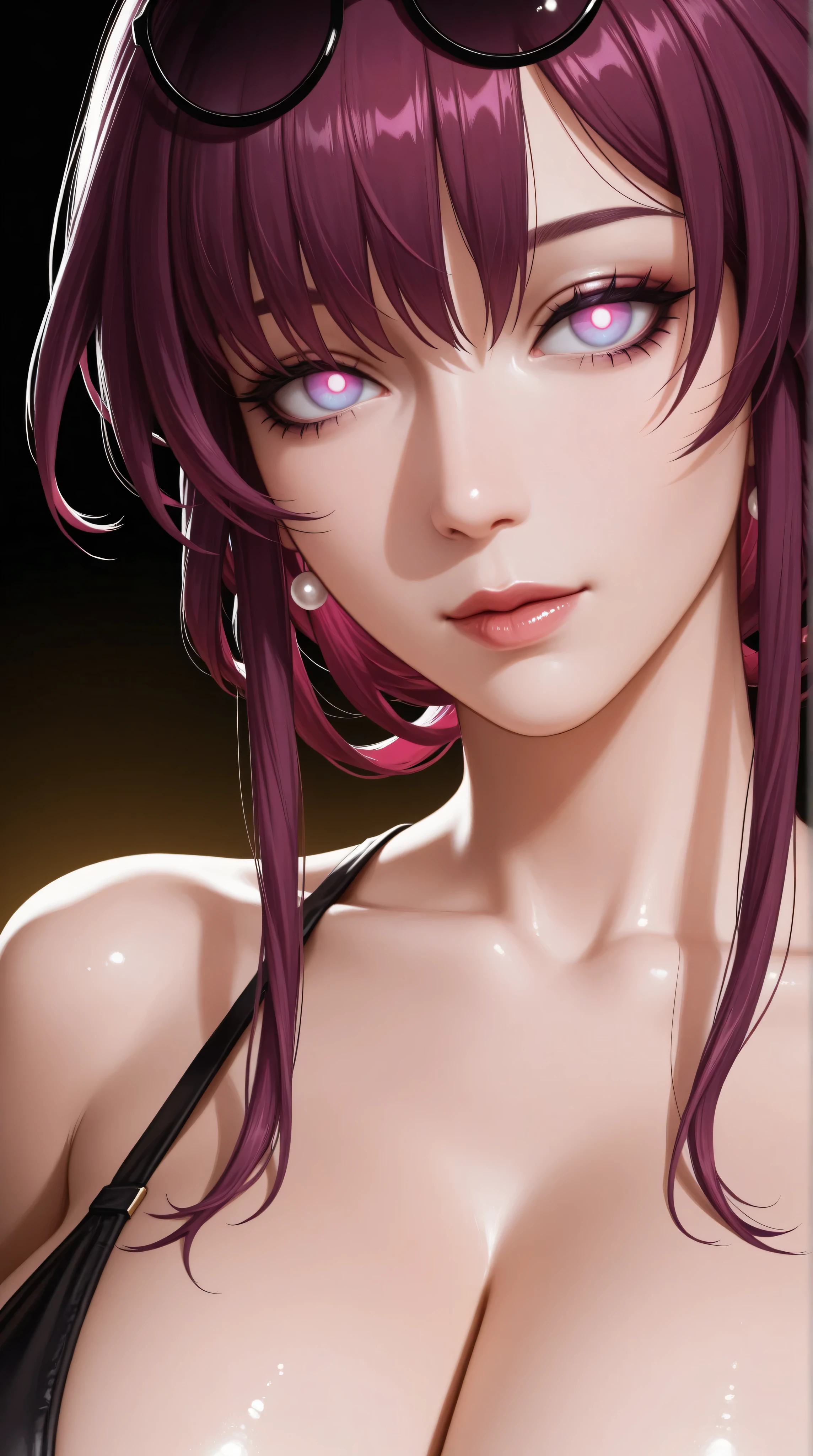 80’s glam rock makeup on shiny android face, anime, Glittery face, moody lighting, (yello,w and black palette), iridescent face, abstract ai model, pretty, sexy, minimal, sleek, slender, asian, elegant, long glowing hair, futuristic, retro, sophisticated half human half machine, close up face portrait, Kizi,Highly detailed, Amazing work,Vitreous luster,((clean backdrop)),blacks, yellows,Best quality at best,clean backdrop。shiny skin, colorful background, plain background, gold background, black background, kafka, purple hair, Honkai StarRail, huge breasts, plunging neckline,