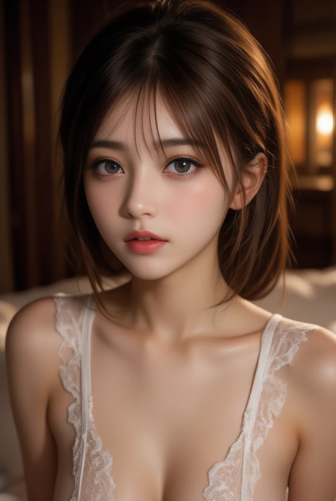 19 years old, Close up portrait of woman in Ancient Greek clothing、Shoulder out、thin、Serious expression、Short-haired、Deadly position, gorgeous necklace, light milky white porcelain skin, smooth translucent white skin, A seductive anime girl, beautiful and seductive anime woman, ultrarealistic sweet bunny girl, pale porcelain white skin, Smooth and realistic perfect body, realistic shadow, perfect body, guweiz masterpiece,Are thin,Artistic beauty nipples,