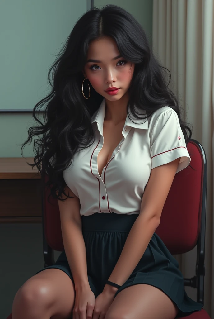 shot of ML01,free hair, realistic ,  looking at the camera , 18 years old,  masterpiece,  better quality,  illustration,  super detailed , Fine details,  High resolution, 8K,, Perfect dynamic composition ,(Details High quality, Representación  realistic  de los ojos :1.3), ( white school shirt :1.2),  mini skirt ,  long black stockings ,  wide hair, curly hair, school, big bosom  ,  black hair color  ,  large lips in natural color  , (  perfect body shape  ), 20 year old girl、cute girl、  Beautiful legs  ,  idol of the engraving  , ((neckline)), ((  busty  )), ((  big tits )),  pretty face ,  beautiful face ,  full body , pose sexy, Beautiful nose, sexy, hot, bed,  sitting on a chair , desktop, ((desktops)), ((classroom)), ((sluh )), ((((crew)))), ,  hoop earrings, (( thick thighs in bed)), ( wide hips ), Get out, final, Get out, Thot, instagram , Schoolgirl, school uniform, (((Evening))), dark, (parts), (((midriff))) 