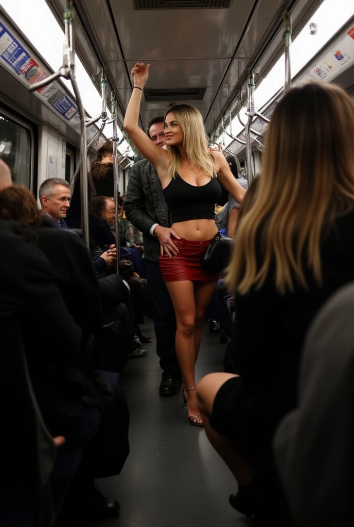 NSFW Viewer discretion advised, Crowded train, Old man (not her father) groping girlfriend, grope tits from behind. Lift her up, Miniskirt twisted up, 40k, photograph, masterpiece, Highest quality, Dark Gray Background, Italian subway carriage ((diletta in casual dress, with mini skirt an tanktop with choker and high heels)), An elderly man (not her father) is leaning on her、i held you up, Mr..々Strike a Pose.A man touches my buttocks with his hand,A man touches my buttocks,A man grabs my buttocks, diletta blonde hair.