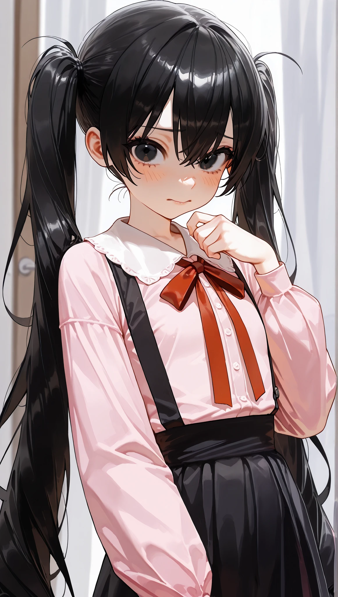adulto, Cabello negro ondulado, mirada penetrante con ojos profundos de color rojo, estatura promedio, Silky hair with a ponytail hairstyle collected with a red bow with two white lines, tiene pechos medianos, primer plano, session, standing in the middle of his room [[[Risa malvada]]] , Sonrojada, muslos grandes, black pants, bulsa formal blanca, corbata negra 