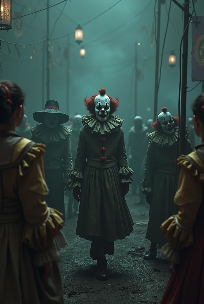 A horde of terrifying clowns, zombies, and other scary monsters from famous movies are shown from behind, as they enter a banquet hall