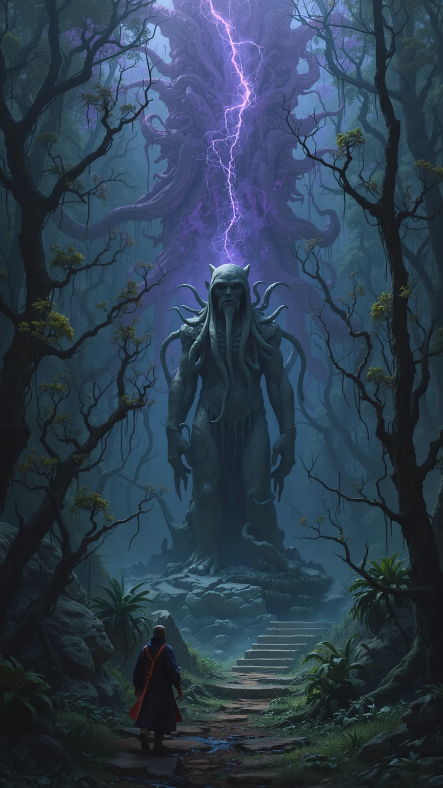 a dark, dank forest with a Lovecraftian, (ancient stone-looking statue) of an ancient god with tentacles and claws with a dark, purple aura