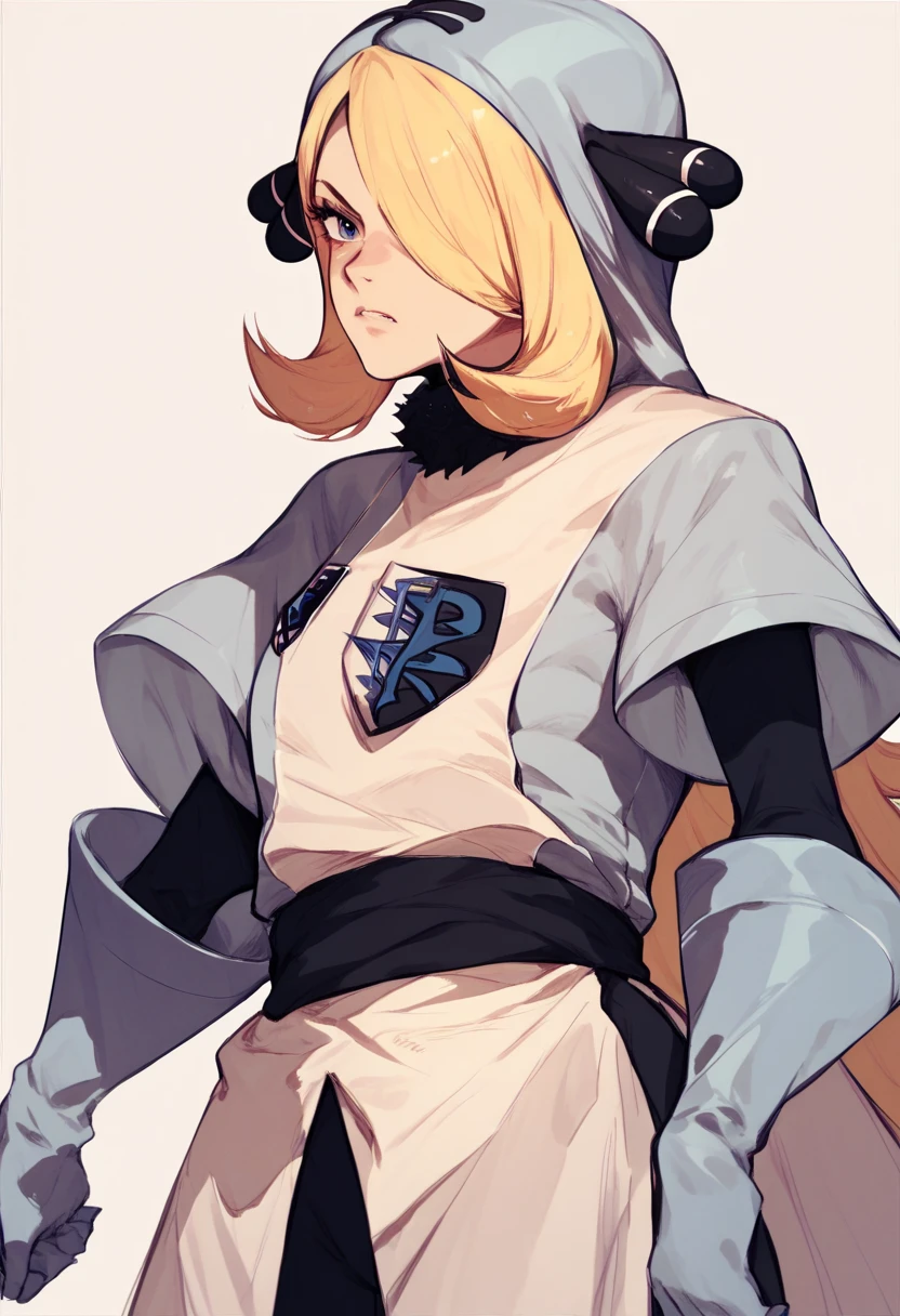 1 girl, team plasma uniform, white dress, short sleeves, hood up, bodysuit under clothes, black bodysuit, blue gloves, blue boots, Cynthia, blonde hair, hair over one eye