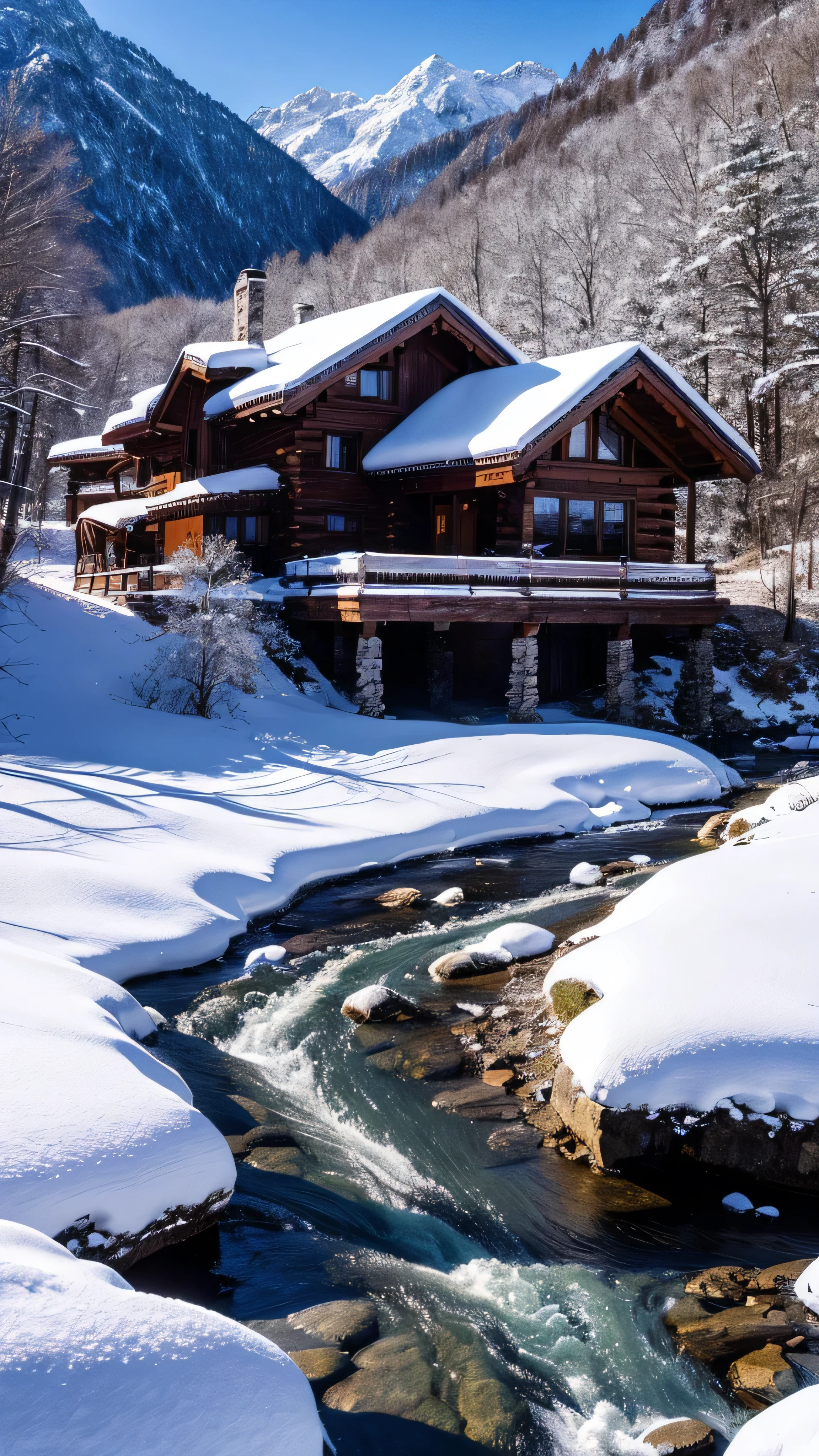 House in the mountains, River Big, Snow-covered rocks,  sharp concentration, Crazy details, 8k. 50mm lens