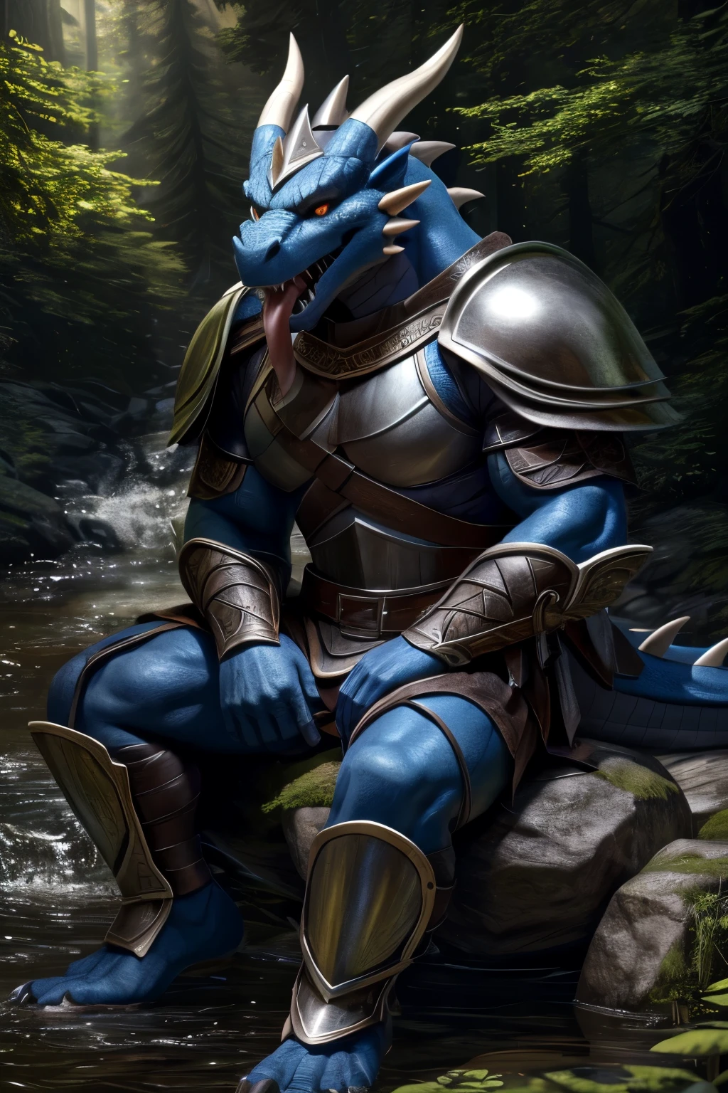 furry,bara,a dragon,masculine,blue skin,timid, Dark orange eyes,Dressed in a shiny black knight outfit..,Sitting on a rock beside a stream in the deep forest..,Turn your head and look straight ahead..,smile at the corner of your mouth.,bitter sharp teeth,(((The penis becomes erect..)))(((One side grips the penis and ejaculates a large amount of semen..))((The semen was scattered everywhere..)),10,10,Maximum resolution,Maximum surface resolution