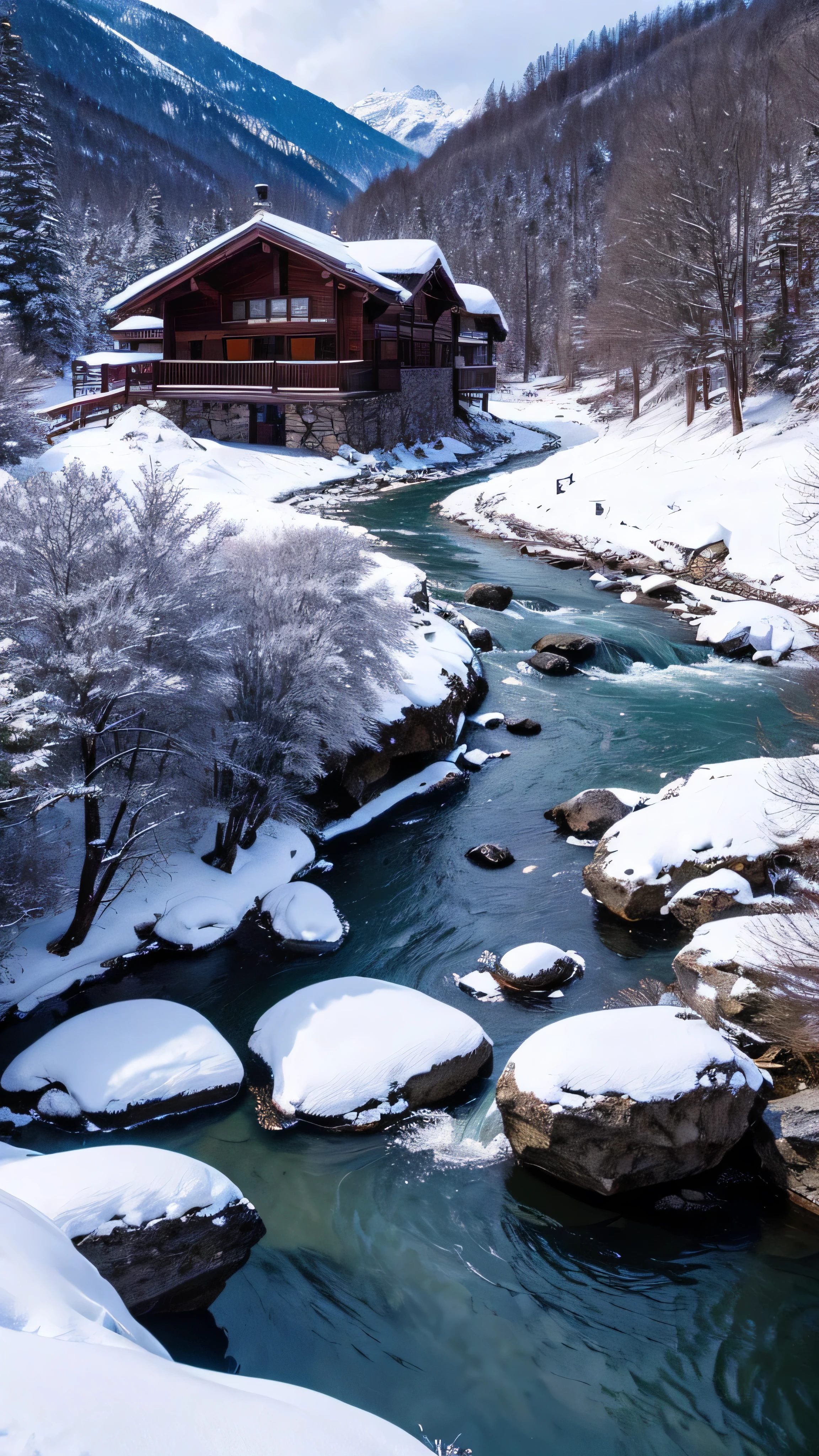 House in the mountains, River Big, Snow-covered rocks,  sharp concentration, Crazy details, 8k. 50mm lens