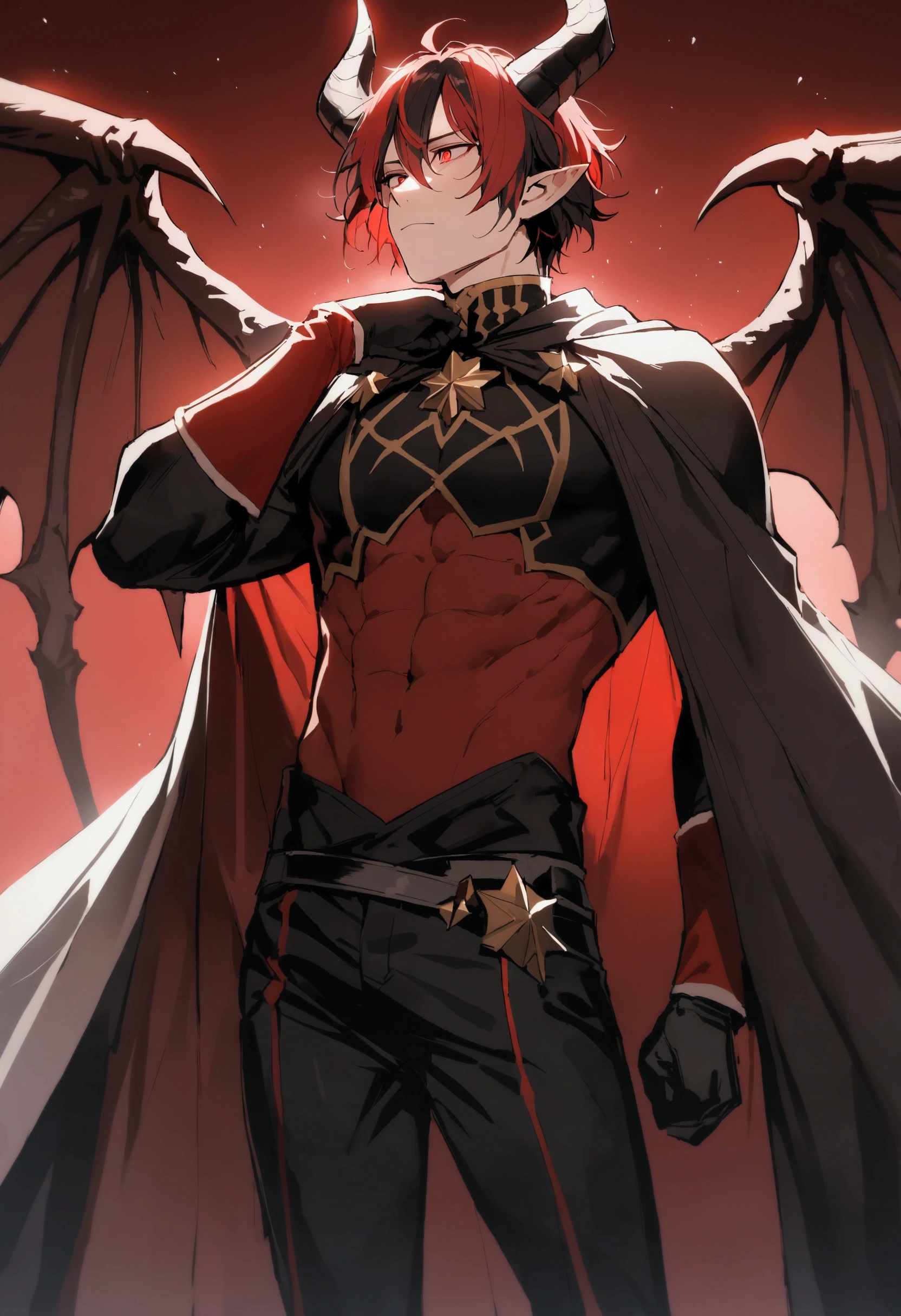 Handsome man, white hair, very short hair, ((crew cut: 1)), red eyes, fair skin, ((muscular: 1)), man, 28 years old, wearing a white hood, gold and silver details, leather shawl brown, baggy pants, gray boots, black and brown belts, black boots, brown gloves, lots of belts, demonic angel wings, six wings, black wings, demon horn, black scales, black scales on the neck, black lizard tail, demonic form, angel form, half and half, chaos angel, halo on the back, holy light element , shadow element of corruption man sitting, muscular, sexy, sitting on a rock, background forest, black trees, trees with red leaves