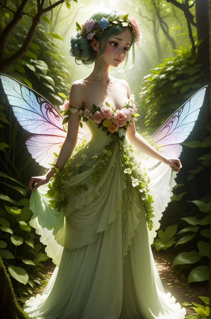  a floral fairy as central to a whimsical forest scene where vibrant flowers and lush vegetation create a magical backdrop. The floral fairy ,  a delicate and ethereal being ,  looms gracefully amidst the flowers ,  her chiffon wings that shine in the dappled sunlight .  She wears a dress woven with petals and leaves ,  adorned with intricate floral patterns that reflect her environment . Bright flashes 