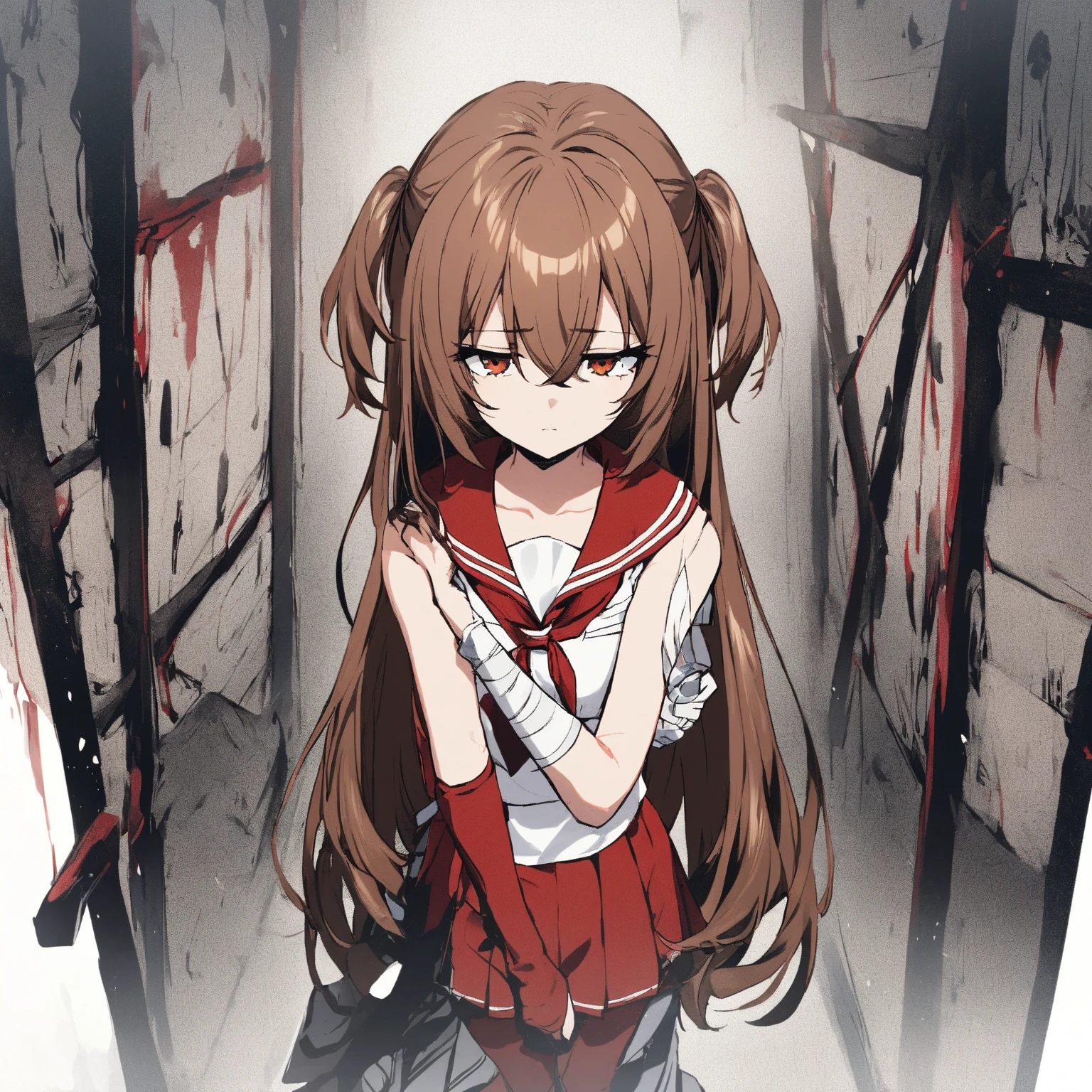  1 GIRL, Only one person,Hold , bangs between eyes,  brown hair,  bangs between eyes,  shiny hair, Super long hair, chest, 大きなchest,  close your mouth, Slanted Eyes,  looks closely ,  Amber Eyes ,  long eyelashes ,  expressionless,  simple background,  standing hands,bandage, sailor suit,Left arm fractured ,左腕にbandage,full of red blood 、頭にbandage, put your hand on your arm, dark,Inside the building, empty cans rolling on the floor, Character Designs , Hair fluttering in the wind that turns around here,  two side up, 