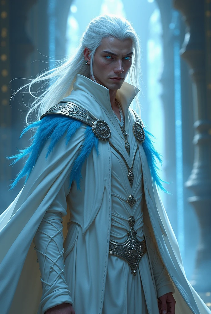  Create a man in the style d &d with white hair ,  Light blue eyes , height 1,70m,  wear a white coat with light blue details. lean stature