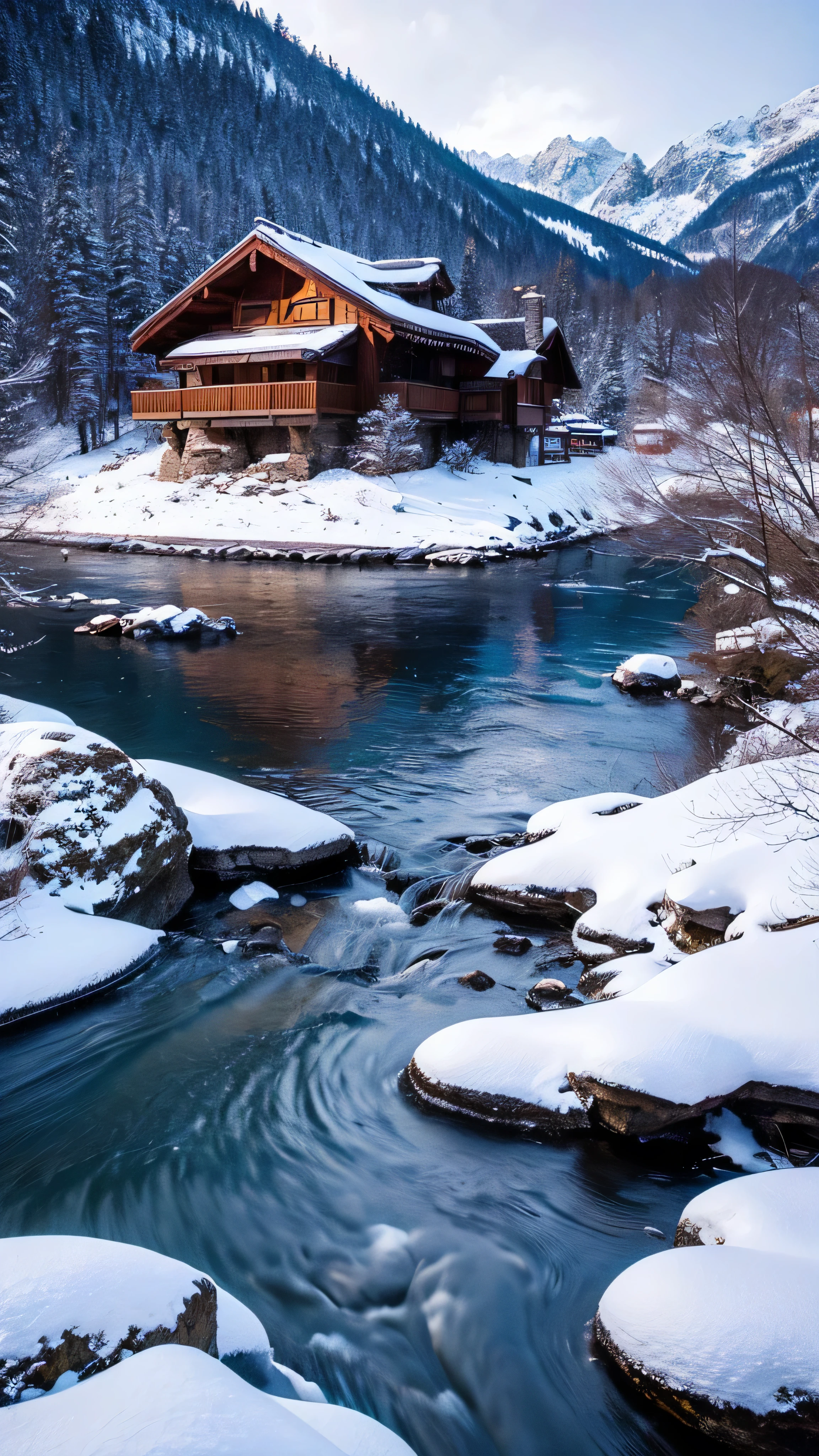 House in the mountains, River Big, Snow-covered rocks,  sharp concentration, Crazy details, 8k. 50mm lens