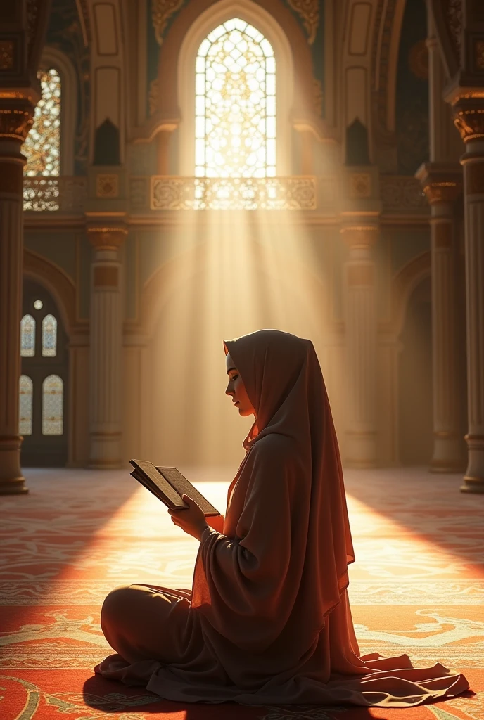 A veiled hijab woman,book in hand,modestly dressed in white,detailed,low angle,divine light,portrait,photography,vivid colors,soft lighting,peaceful ambiance,mystical atmosphere,inner serenity,HD,details
