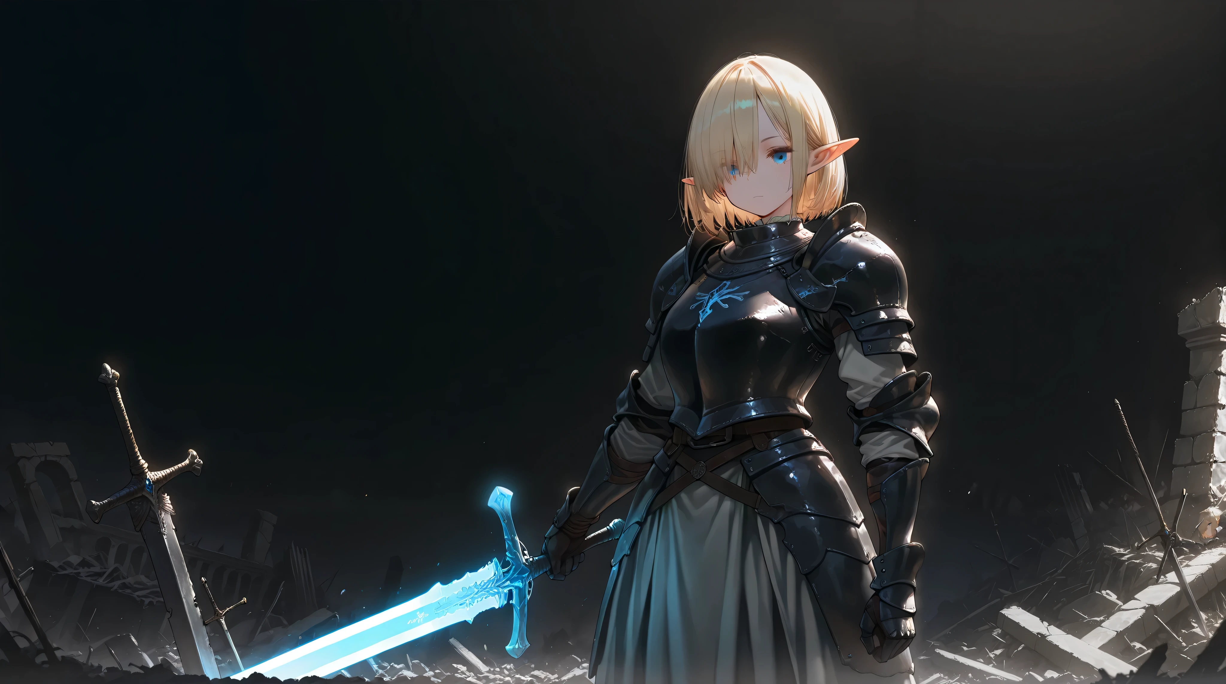 masterpiece, best quality, amazing quality, safe, 1girl, solo, elf, blue eyes, blonde hair, hair over one eye, short hair, expressionless, armor, black background, full armor, greatsword, holding sword, knight, black armor, breastplate, ruins, glowing sword, standing, glowing sword