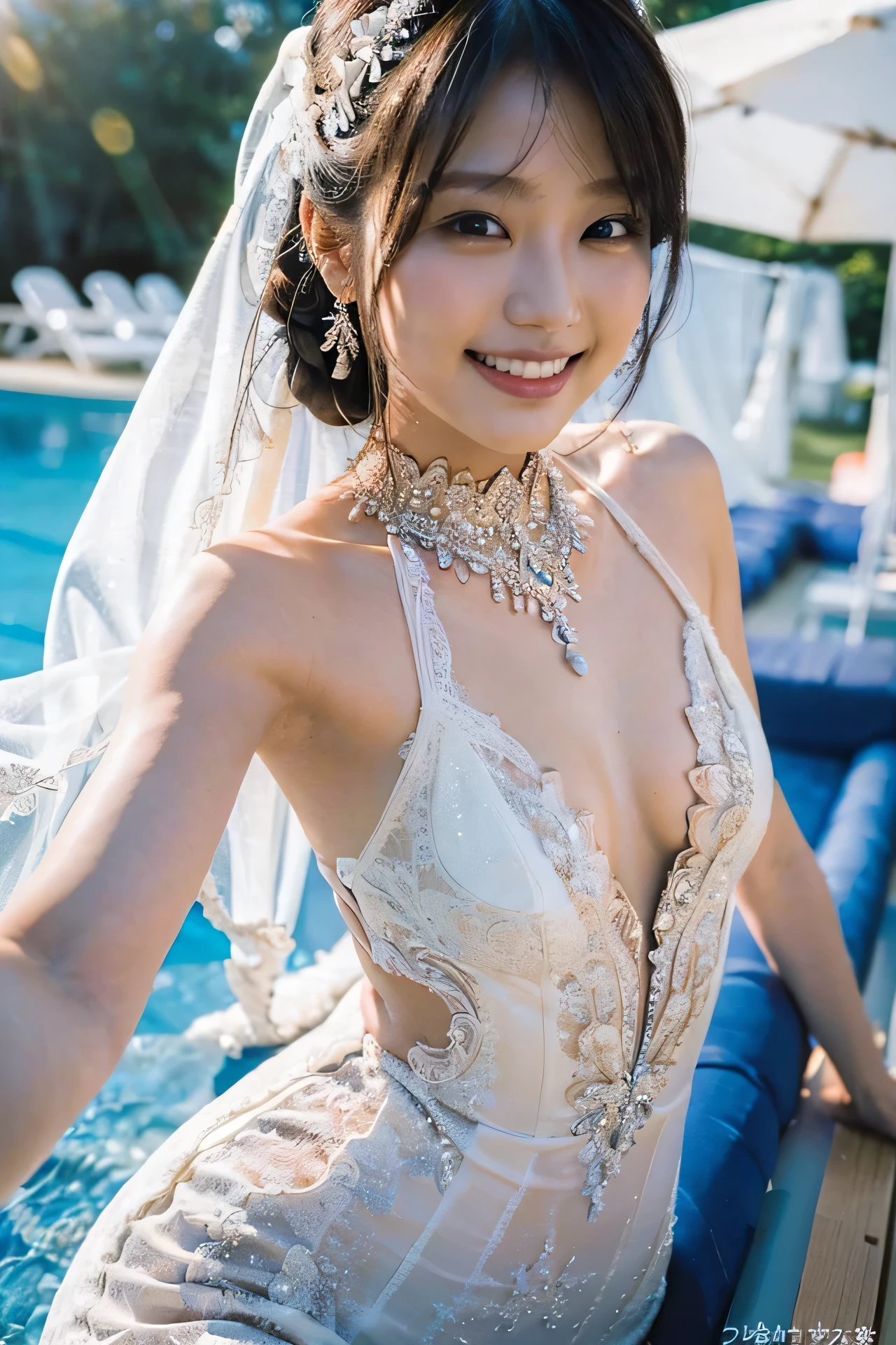 ((Masterpiece)), ((Best Quality)), A middle-aged short-hair woman, ((She is wearing an ornamental wedding dress)), She is wearing gloves on her hands., outdoor, She is at a pool side. She is wearing a big necklace,
