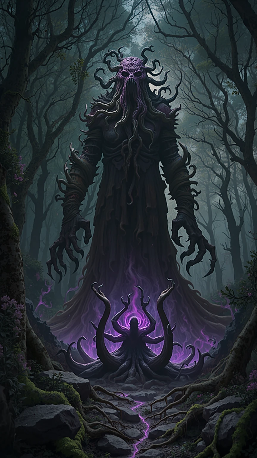 a dark, dank forest with a Lovecraftian, (ancient stone-looking statue:1.2) of an ancient god with tentacles and claws with a dark, purple aura