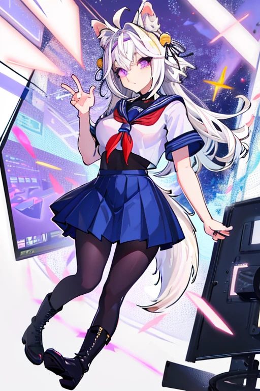 Filian, white hair, purple eyes, blue seifuku, short sleeves, black stockings, boots, large breasts, hair bell, hairband, ahoge, animal ears, tail, stickers