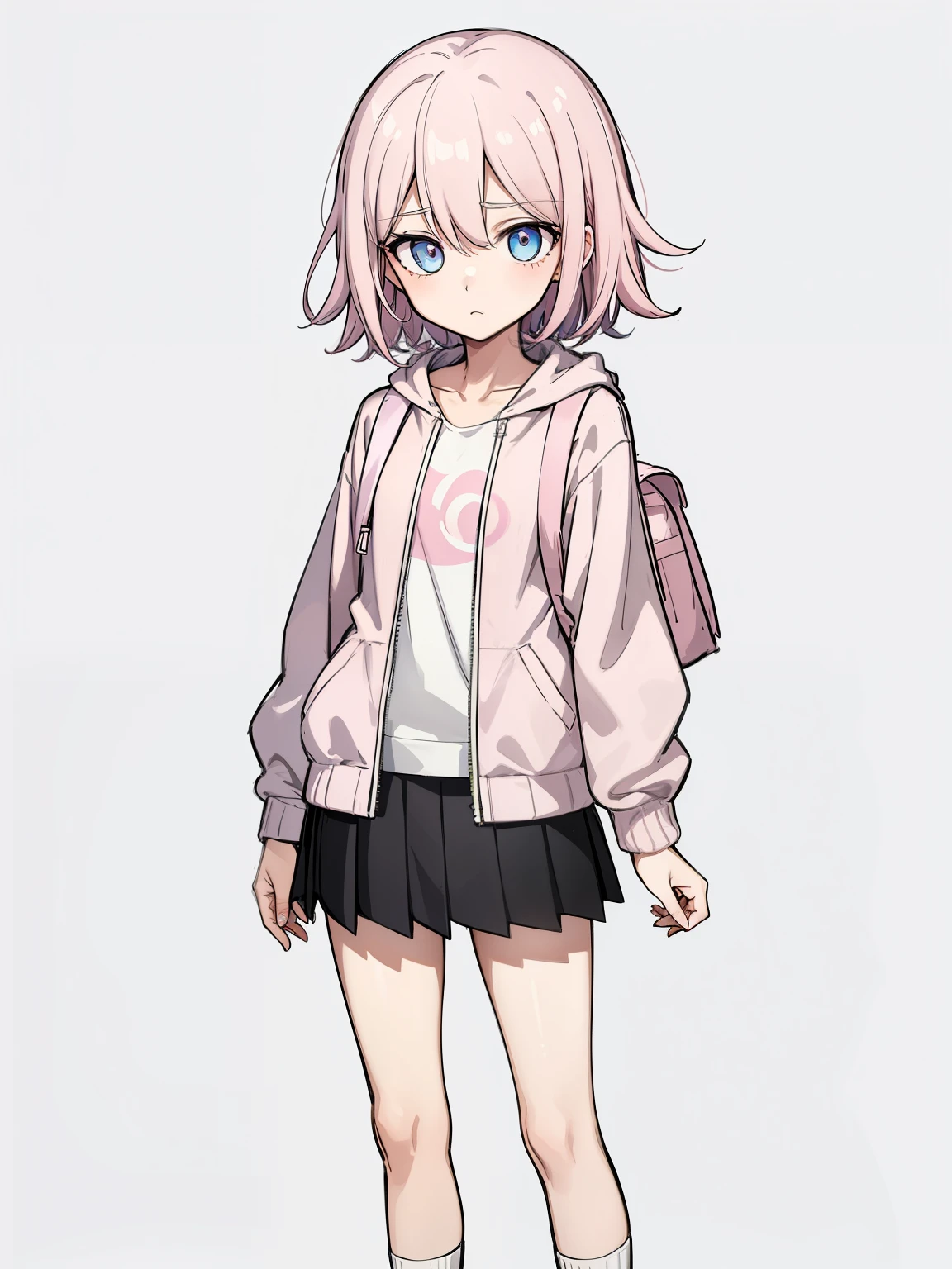 (high-quality, breathtaking),(expressive eyes, perfect face) 1girl, female, solo, young ager, danganronpa art style, soft pink color hair, blue eye color, short hair length, fluffy hair, Symmetrical Eyes, portrait, sprite, positive expression, grey background, narrow eyes, half open eyes, holding handheld camera, photographer, shutterbug, open jacket, school backpack, pink shirt, white hoodie, black shorts, slim build, short height, flat chest, small socks, sneakers, mismatched socks, standing straight, facing viewer, looking at viewer