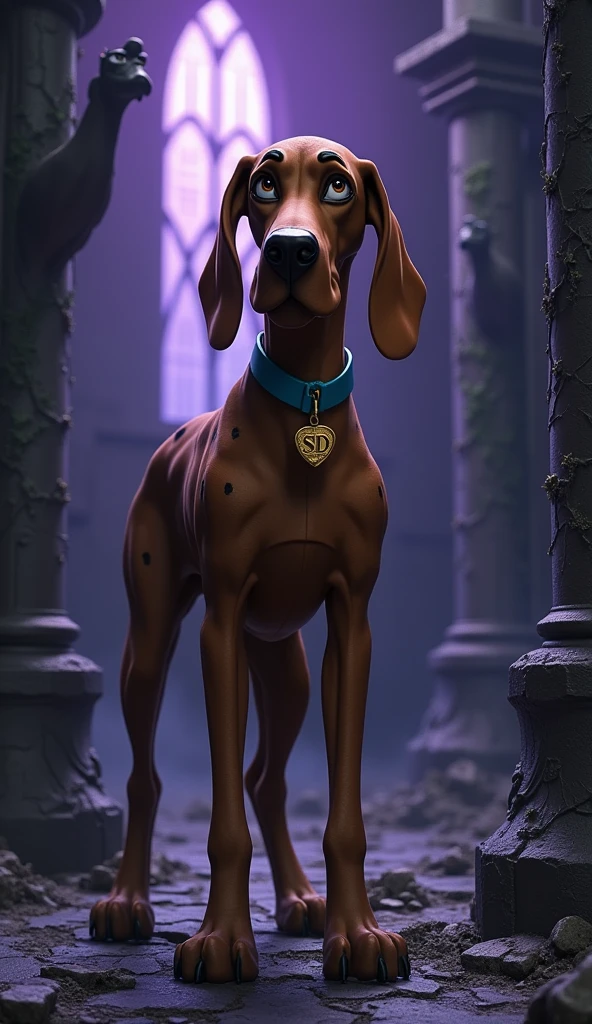 Scooby Doo, male, solo, standing, nude, penis, balls, knot, scared expression, dungeon, 4k, 8k, photorealistic, live action, ultra realistic, feral