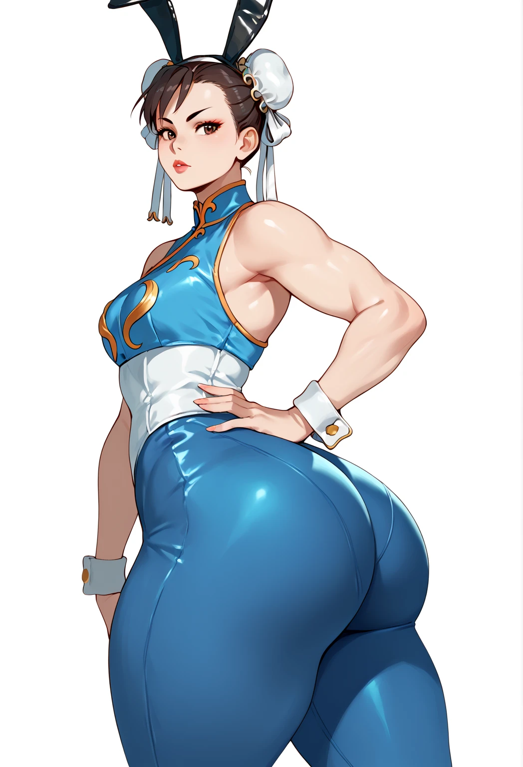 Above a girl , Alone , chun li,  blue pants ,  big ass, tetas enorme, playboy bunny, fake animal ears,  hand on the hip ,  looking at the viewer ,  white background,