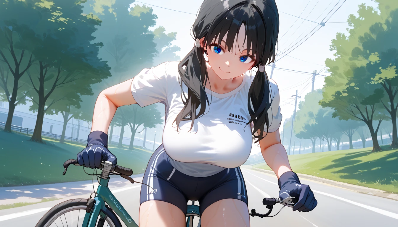 todoshizuko, purple hair, ponytail, hair ribbon, long hair, blue eyes, makeup,  old , large breasts, solo, nsfw, nipple,  ride a bicycle