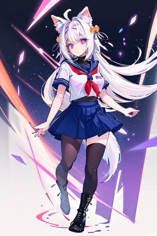 Filian, white hair, purple eyes, blue seifuku, short sleeves, black stockings, boots, large breasts, hair bell, hairband, ahoge, animal ears, tail, stickers