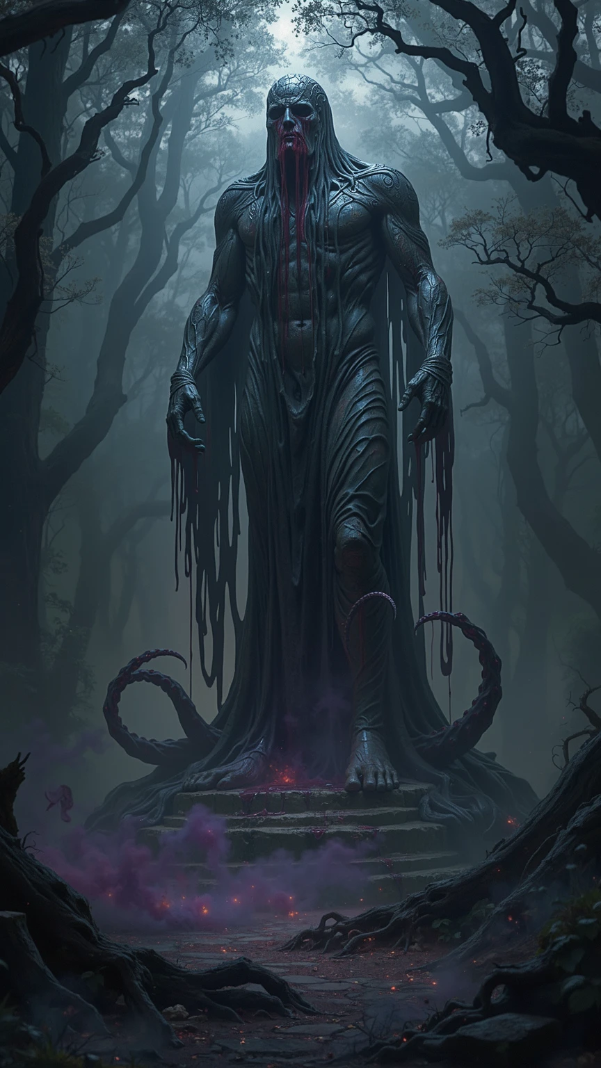 a damp and gloomy forest with a Lovecraftian statue, looking like an ancient stone, of an ancient god with tentacles and claws bleeding from his eyes, mouth and nose and with a dark, purple aura