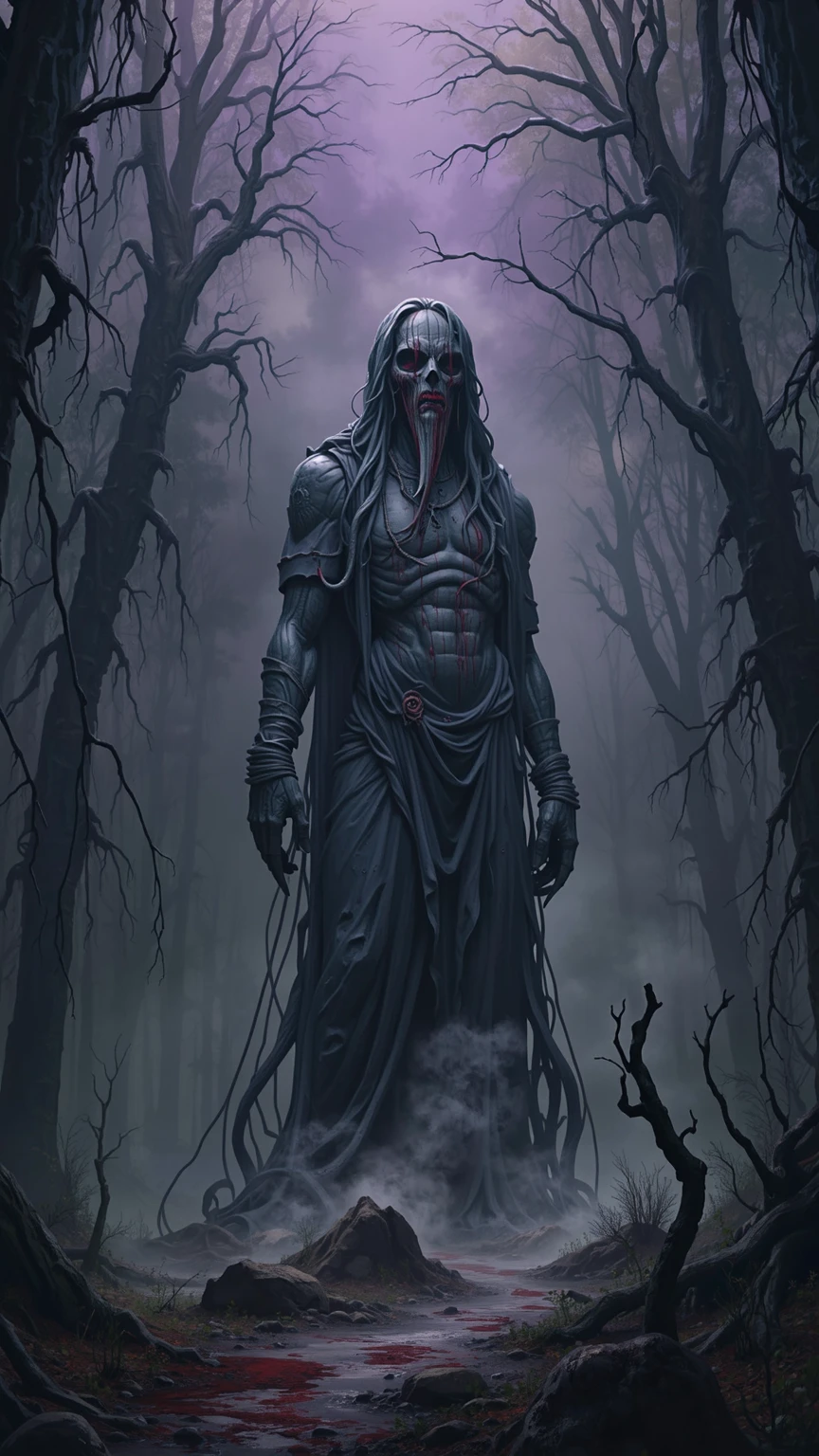 a damp and gloomy forest with a Lovecraftian statue, looking like an ancient stone, of an ancient god with tentacles and claws bleeding from his eyes, mouth and nose and with a dark, purple aura