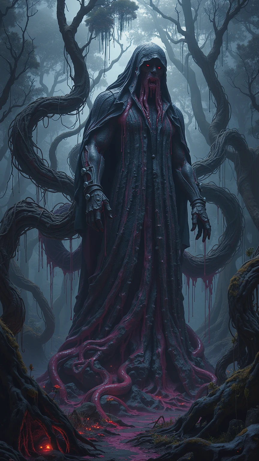 a damp and gloomy forest with a Lovecraftian statue, looking like an ancient stone, of an ancient god with tentacles and claws bleeding from his eyes, mouth and nose and with a dark, purple aura