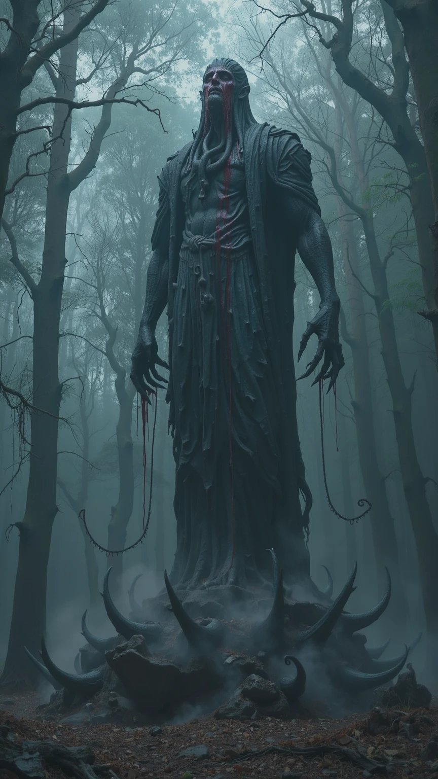 a damp and gloomy forest with a Lovecraftian statue, looking like an ancient stone, of an ancient god with tentacles and claws bleeding from his eyes, mouth and nose and with a dark, purple aura