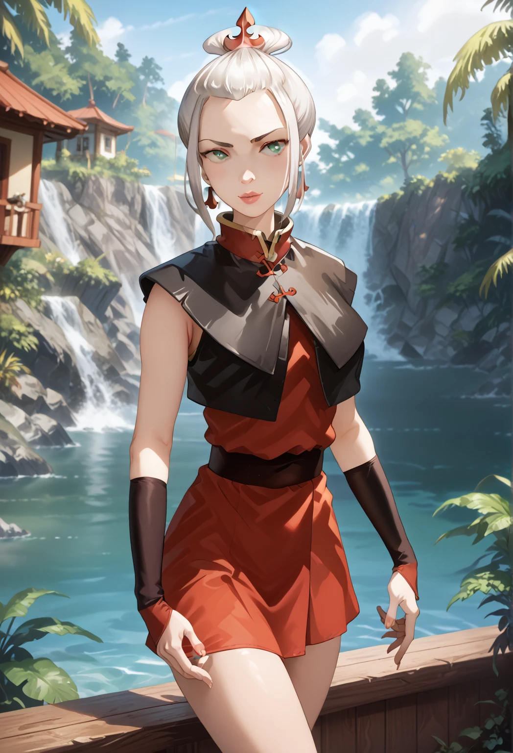 Gray Hair, Gray , Azula, Azula,Beautiful breasts, 1girl, ((white hair)) ((Wolf-Girl)) green eyes, with full breasts and perfect waist, and a voluptuous body, leather jacket clothes under the jacket, beautiful short skirt, has a bold look , cute, calm expression, chains around the neck, in the forest, porch of an old wooden house, small stream, (best quality, ultra-detailed, photorealistic: 1.39), cute girl, Face of naughty 31 year old teenager, bright and vibrant colors, studio lighting, romantic expression,