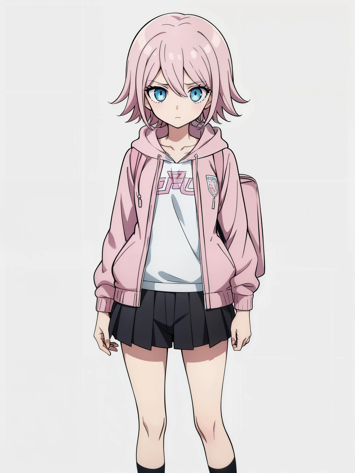 (high-quality, breathtaking),(expressive eyes, perfect face) 1girl, female, solo, young ager, danganronpa art style, soft pink color hair, blue eye color, short hair length, fluffy hair, Symmetrical Eyes, portrait, sprite, positive expression, grey background, narrow eyes, half open eyes, holding handheld camera, photographer, shutterbug, open jacket, school backpack, pink shirt, white hoodie, black shorts, slim build, short height, flat chest, small socks, sneakers, mismatched socks, standing straight, facing viewer, looking at viewer