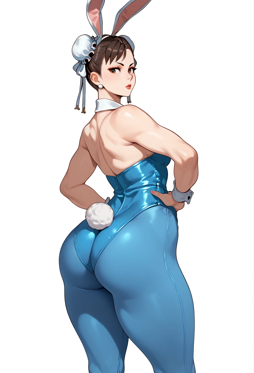 Above a girl , Alone , chun li,  blue pants , ass , tetas enorme, playboy bunny, voluntary body ,  false animal ears,  hand on the hip ,  looking at the viewer ,  white background,