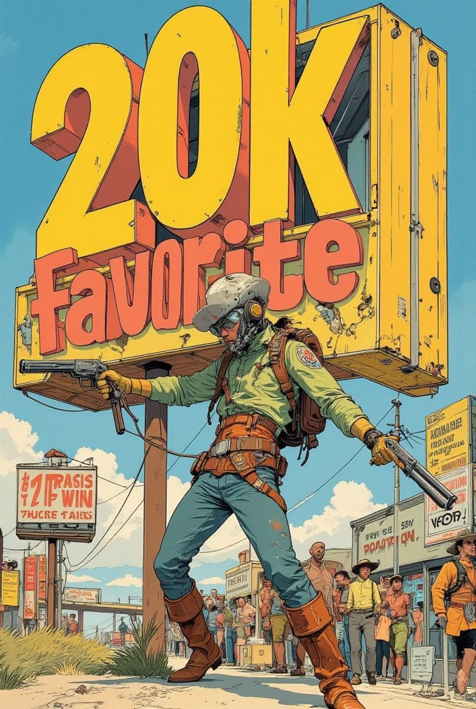 , "20k favorite thanks" Detailed headline sign , cowboy man punching through a sign with a handgun, retrofuturism   ,  letter as headline  , dynamic typography  , 1970 live magazine photo , 1968 Psychedelic,  1970s Philippines , 1970 poster  , 1 9 7 0 Crop Collage,  Movie Advertisement Steel ,   1968 cutout collage  , 70s Photos, Detailed Characters