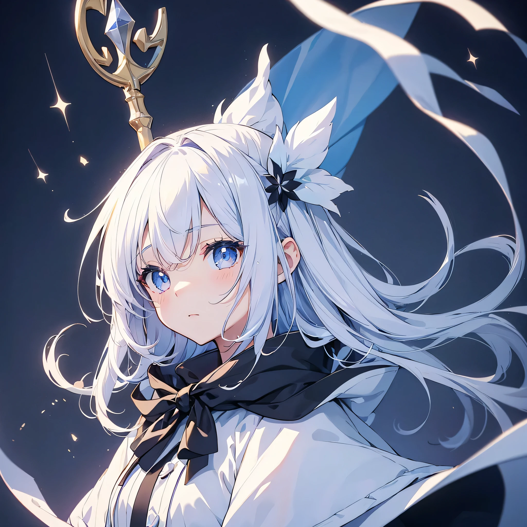 1GIRL, pretty face、、Chibi、((( detailed face 、 detailed eyes))、((( full body standing picture、 Cute Poses 、 dynamic best composition 、 top quality 、 Masterpiece、 high definition、 super detailed 、 high definitionCG、HHD)))、 simple background、 milky white to royal blue gradation hair color、Cute black long cloak 、 standing with a huge scythe 、Grim Reaper's Scythe、