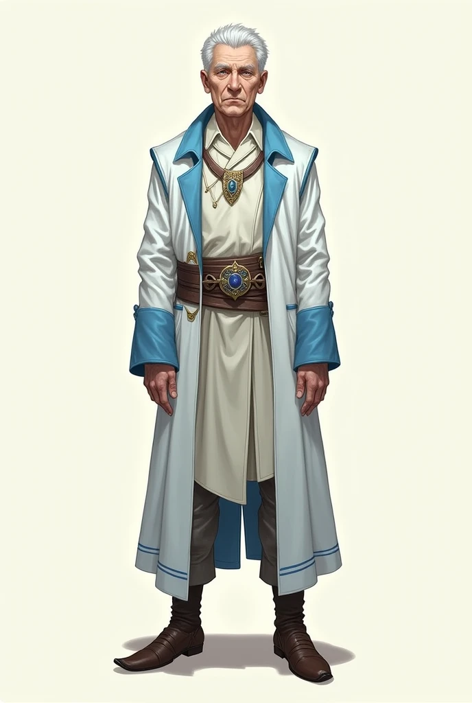  Create a man in the style d &d,  full length , with medium short white hair,  Light blue eyes , height 1,70m,  wear a white coat with light blue details.  of thin height 