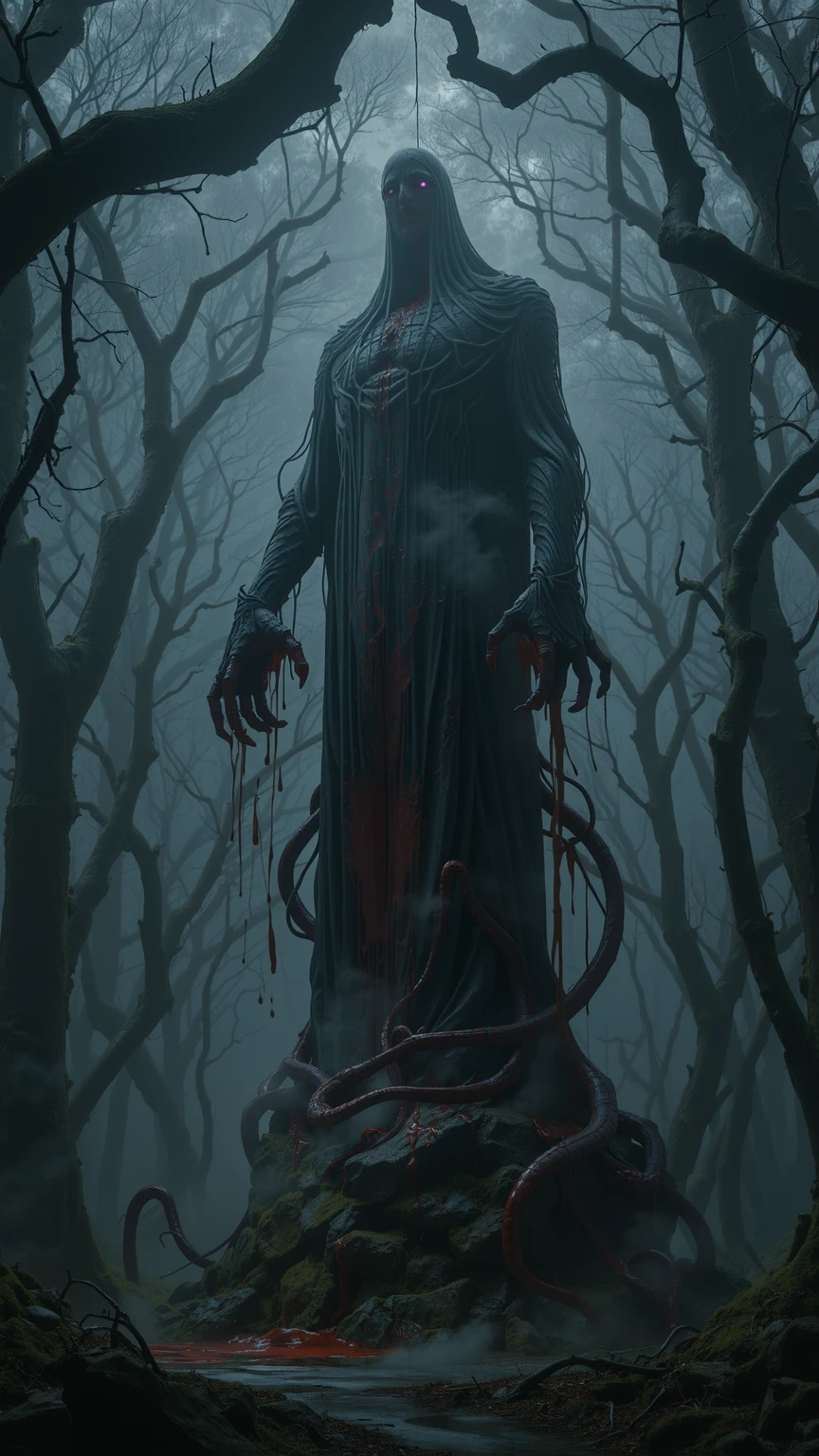 a damp and gloomy forest with a Lovecraftian statue, looking like an ancient stone, of an ancient god with tentacles and claws bleeding from his eyes, mouth and nose and with a dark, purple aura