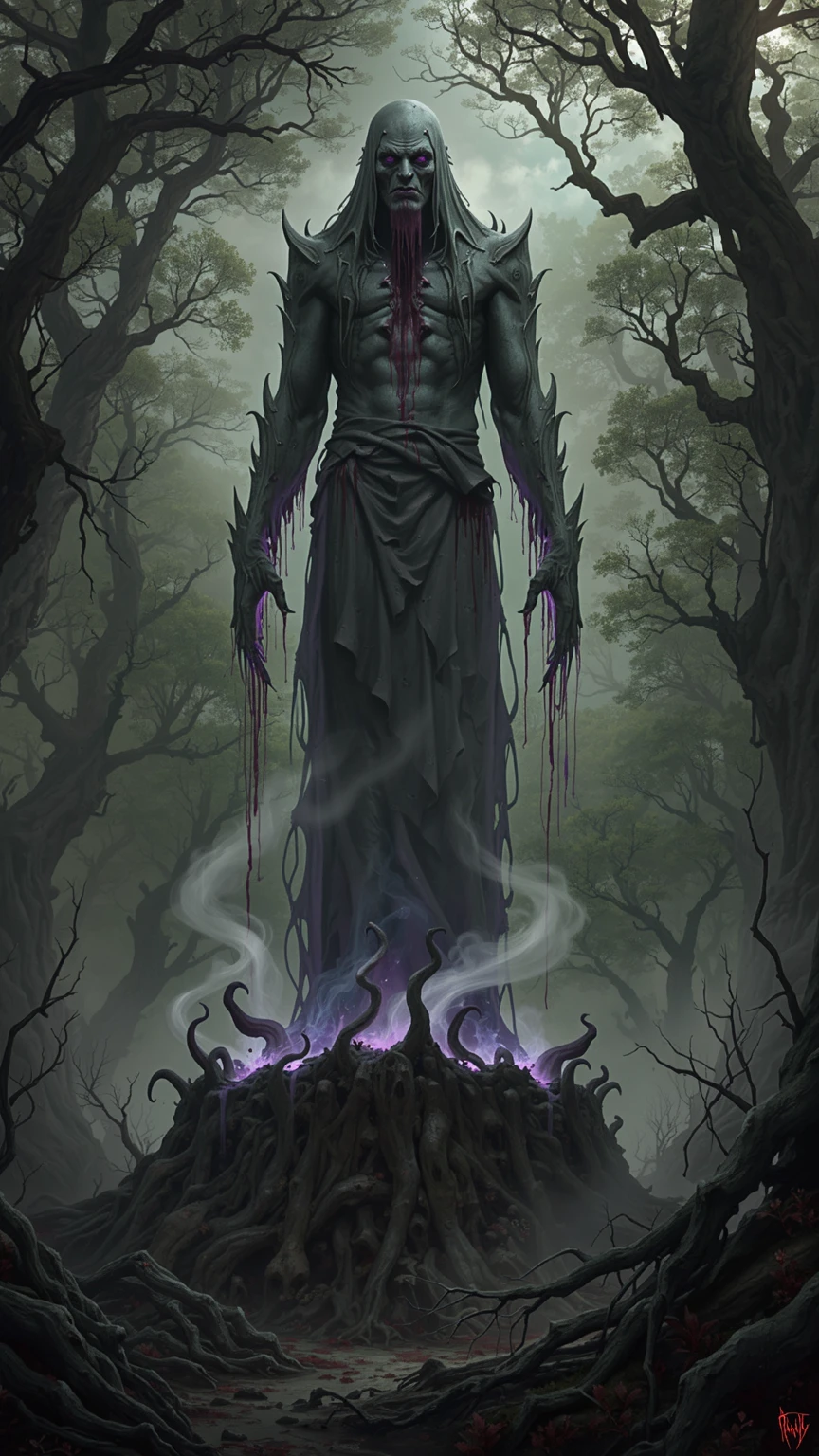 a damp and gloomy forest with a Lovecraftian statue, looking like an ancient stone, of an ancient god with tentacles and claws bleeding from his eyes, mouth and nose and with a dark, purple aura