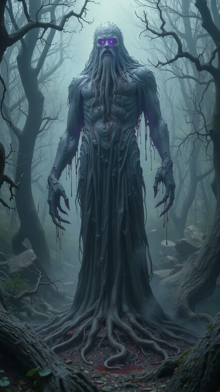 a damp and gloomy forest with a Lovecraftian statue, looking like an ancient stone, of an ancient god with tentacles and claws bleeding from his eyes, mouth and nose and with a dark, purple aura