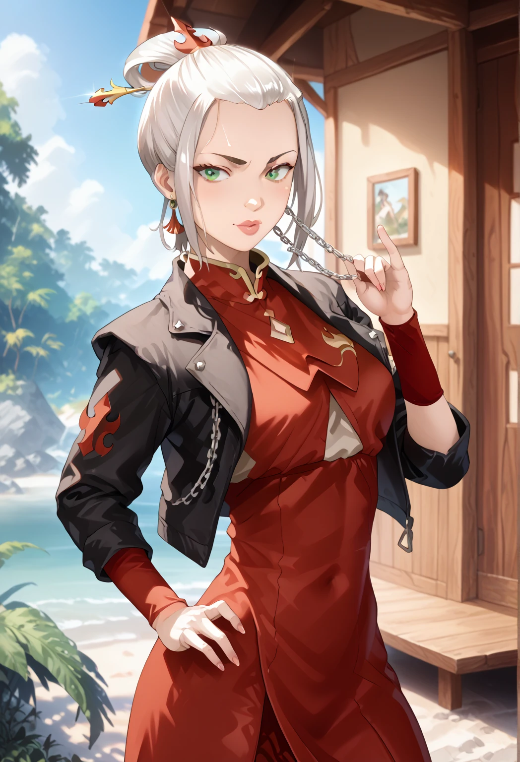 Gray Hair, Gray , Azula, Azula,Beautiful breasts, 1girl, ((white hair)) ((Wolf-Girl)) green eyes, with full breasts and perfect waist, and a voluptuous body, leather jacket clothes under the jacket, beautiful short skirt, has a bold look , cute, calm expression, chains around the neck, in the forest, porch of an old wooden house, small stream, (best quality, ultra-detailed, photorealistic: 1.39), cute girl, Face of naughty 31 year old teenager, bright and vibrant colors, studio lighting, romantic expression,