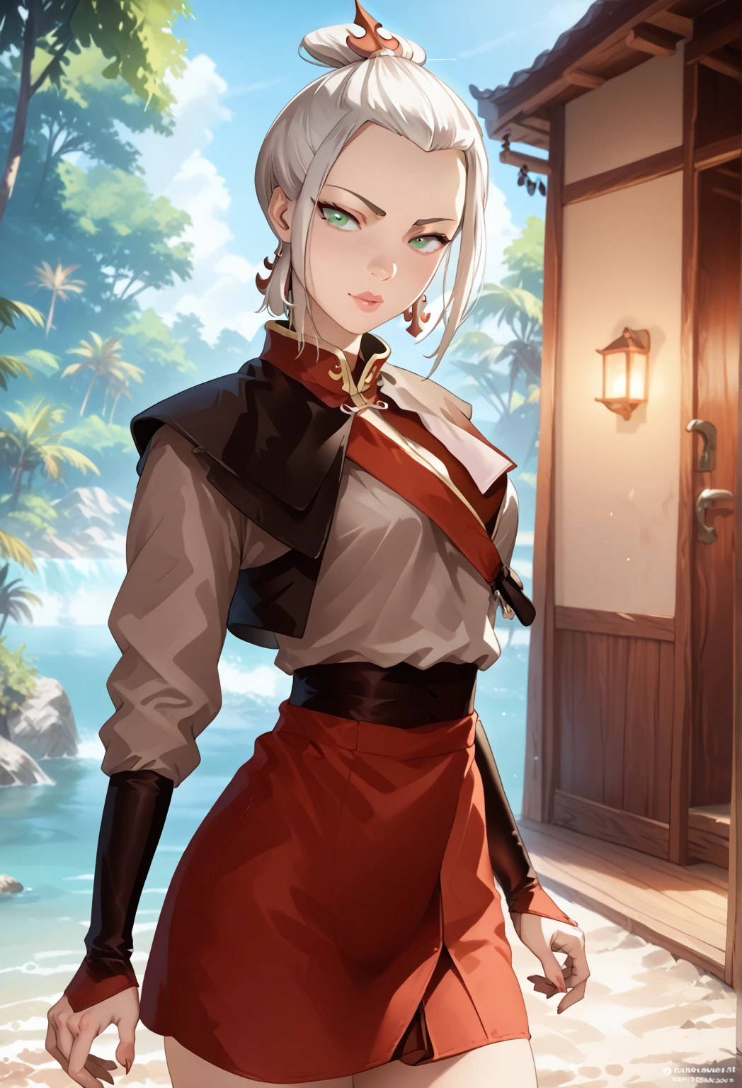 Gray Hair, Gray , Azula, Azula,Beautiful breasts, 1girl, ((white hair)) ((Wolf-Girl)) green eyes, with full breasts and perfect waist, and a voluptuous body, leather jacket clothes under the jacket, beautiful short skirt, has a bold look , cute, calm expression, chains around the neck, in the forest, porch of an old wooden house, small stream, (best quality, ultra-detailed, photorealistic: 1.39), cute girl, Face of naughty 31 year old teenager, bright and vibrant colors, studio lighting, romantic expression,